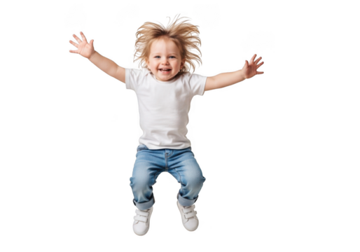 Joyful young child with arms outstretched midair in a playful leap isolated on transparent background - Powered by Adobe