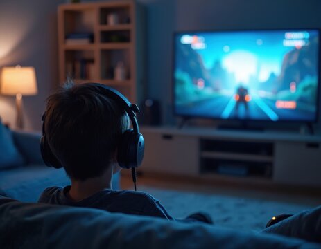 Young boy with headphones plays video game on TV screen in dimly lit room. Kid enjoys virtual reality simulation on console, relaxed in living room at night, immersed in game.