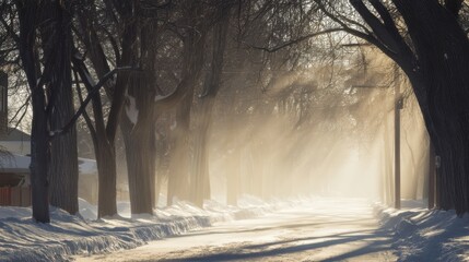 光の差し込む雪の並木道