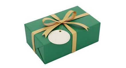 An elegant green gift box tied with a shiny gold ribbon and a blank tag for a special message