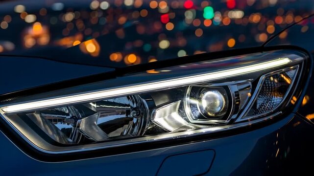 A close-up of a modern car headlight against a blurred city backdrop.