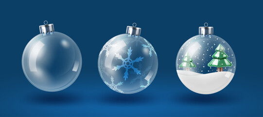 bright transparent glass christmas balls set design isolated on the blue background.christmas baubles vector illustration.