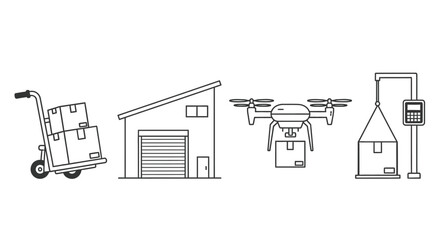 Modern warehouse logistics using drone, scale, and hand truck icons