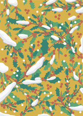 Festive Holly, Red Berries, and Snow Winter Background