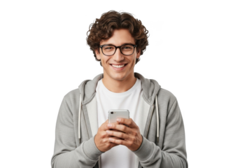 Young man with curly hair wearing glasses and a hoodie holding a smartphone smiling joyfully isolated on transparent background