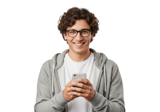 Young man with curly hair wearing glasses and a hoodie holding a smartphone smiling joyfully isolated on transparent background