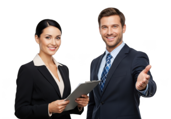Professional business colleagues collaborating on a digital tablet presentation isolated on transparent background