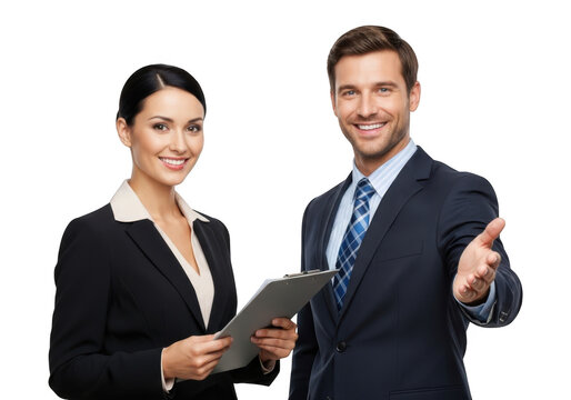 Professional business colleagues collaborating on a digital tablet presentation isolated on transparent background