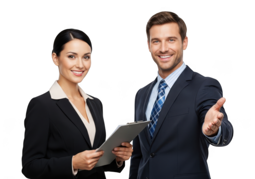 Professional business colleagues collaborating on a digital tablet presentation isolated on transparent background