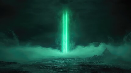 Green light beam rising from dark ocean water