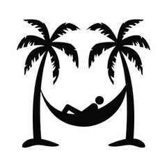 Person relaxing on hammock. Hammock icon, vector design. Silhouette of hammock symbol for relaxing, Hammock between palm trees vector silhouette. Vector illustration. Tropical island with palm trees