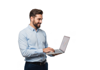 Smiling businessman with beard wearing a light blue collared shirt holding a silver laptop and typing isolated on transparent background