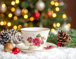 Vintage Floral Teacup in a Cozy Christmas Setting