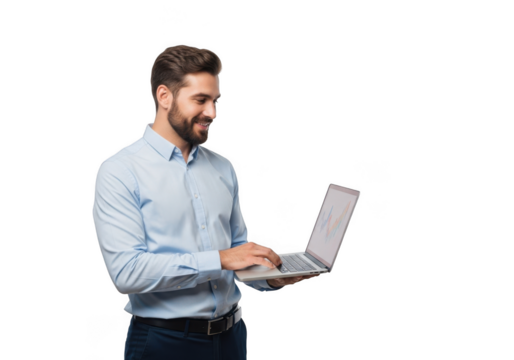 Smiling businessman with beard wearing a light blue collared shirt holding a silver laptop and typing isolated on transparent background