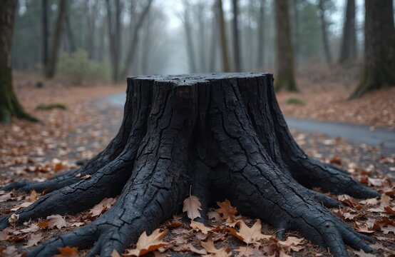 Blackened tree stump with exposed roots rests on forest floor. Fallen autumn leaves surround charred wood. Moody, misty woods path winds through bare trees in background. - Powered by Adobe