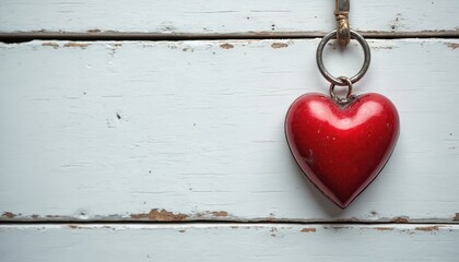 Red heart shape key hangs on rustic white wood planks background. Metal keyring detail evokes love romance or home access security. Close up.