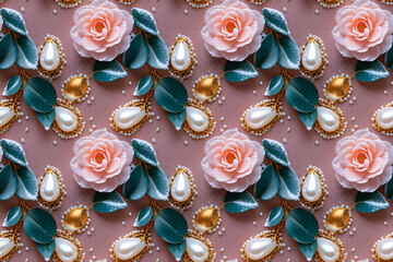 Luxurious seamless pattern with gold motifs, flowers, leaves, and pearls. Sophisticated background for design, packaging, clothing, textiles
