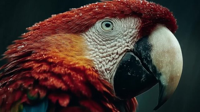 Close up of a vibrant macaw parrot with detailed plumage and eye