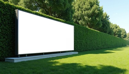 Large empty white billboard stands on green grass next to tall hedge and trees. Outdoor display is ready for new advert message. Clean space awaits creative design.