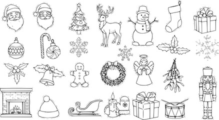 Fototapeta premium Christmas Holiday Elements Doodle Set: Santa, Tree, Gifts, Reindeer, Snowman, Ornament, Stocking, Angel, Nutcracker More