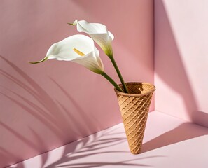 a still life composition showcasing three white calla lilies elegantly arranged within a woven waffle cone vase against a soft pink backdrop