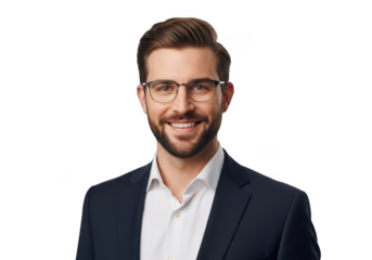 Professional man with beard and glasses smiling confidently wearing a suit jacket and white shirt isolated on transparent background