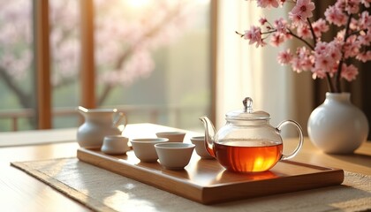 Tea ceremony setup on table with flower decor. Glass teapot holds hot beverage. Cups sit on wooden tray. Floral arrangement in white vase adds natural touch to scene.