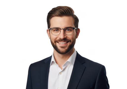 Professional man with beard and glasses smiling confidently wearing a suit jacket and white shirt isolated on transparent background