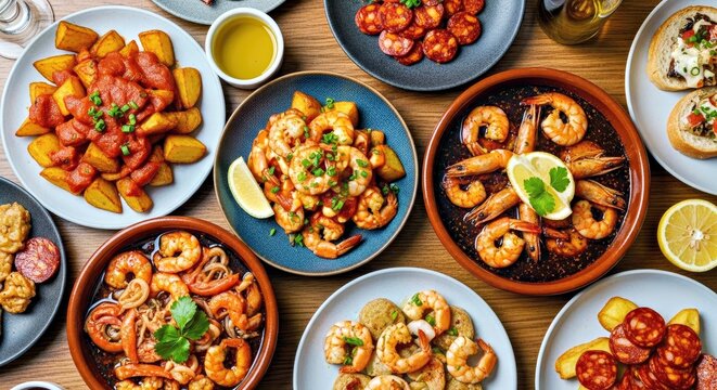 Vibrant Overhead Shot of Traditional Spanish Tapas on a Rustic Wooden Table Setting