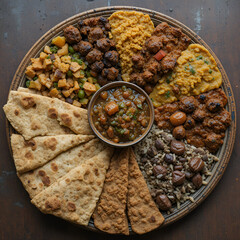 Traditional ethiopian platter with injera bread assorted vegetable and meat stews and a bowl of berbere spice