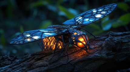 Lanternfly, its "snout" a hollow, bioluminescent lantern casting a soft, patterned light, wings like painted silk, surreal organic lamp texture, gentle internal glow
