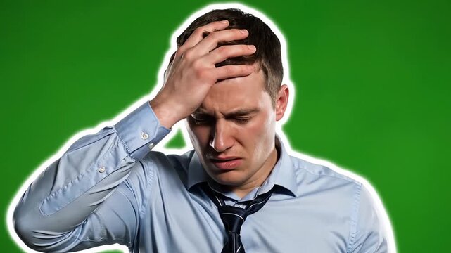 A frustrated young man with his hand on his forehead standing against a green screen meme background with a white outline.