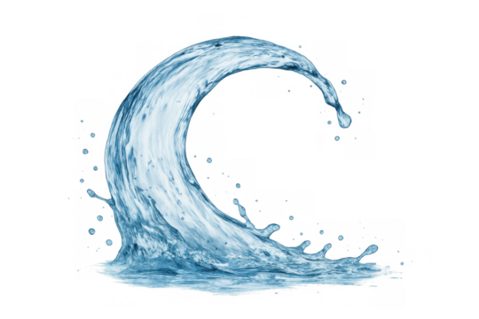 Blue water splash forming wave shape, droplets flying, clean liquid movement, refreshing element on transparent background