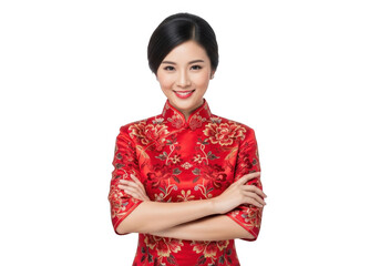 Elegant asian woman wearing traditional red silk brocade dress with intricate floral patterns smiling confidently isolated on transparent background