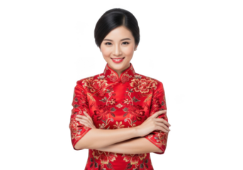 Elegant asian woman wearing traditional red silk brocade dress with intricate floral patterns smiling confidently isolated on transparent background