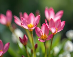 Pink small flowers bloom in garden with green blurred background. Delicate petals open to show yellow centers. Bright sunlight touches flower tops. Creates vibrant nature beauty, fresh spring time