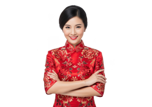 Elegant asian woman wearing traditional red silk brocade dress with intricate floral patterns smiling confidently isolated on transparent background