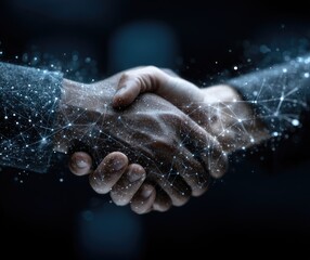 Digital handshake event virtual reality business collaboration futuristic environment close-up view network connectivity concept