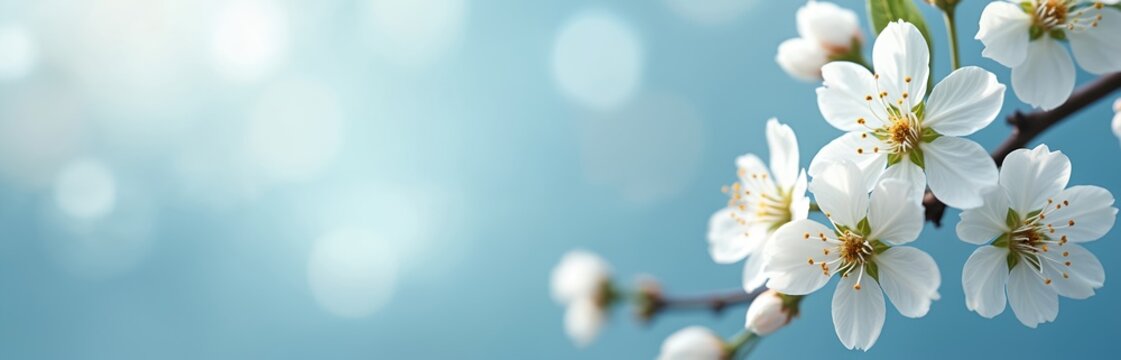 Close up of white cherry blossoms on a blurred blue background. Spring flowers bloom on tree branches. Gentle floral pattern with bokeh lights. Fresh nature scene for ads.