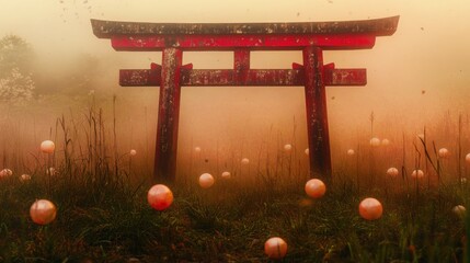 Shinto Torii gate, ancient, weathered red-lacquered wood, standing in a field of softly glowing spirit orbs (Kodama), misty, ethereal forest light