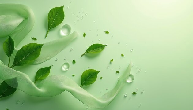 Green leaves with water droplets float near sheer pale green fabric swirls against a soft light background. Simple composition suggests nature purity and organic freshness for beauty or spa branding.