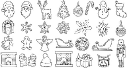 Christmas Ornament Set Line Art: Santa, Tree, Reindeer, Gifts, Stocking, Snowflakes, and More