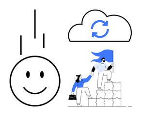 Minimalist happy face, teamwork figure holding a flag on puzzle pieces, and cloud sync arrows. Ideal for collaboration, success, progress, positivity, problem-solving tech leadership. Simple flat