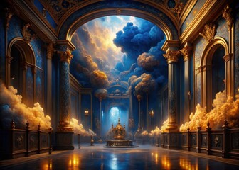 A sumptuous golden and blue haze envelops a lavish interior, exuding opulence and refinement