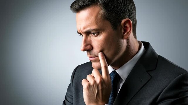 A thoughtful man in a suit pondering a decision against a gray backdrop.
