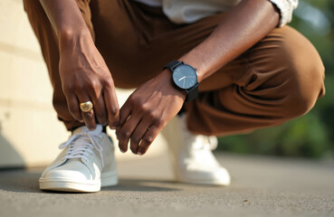 Stylish man ties white sneaker laces. African american male wears gold ring and black wrist watch. Casual urban outfit on sunny day outside.