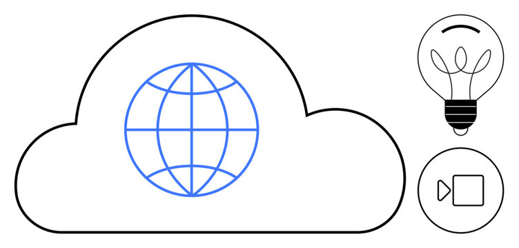Cloud with globe at center, lightbulb for ideas, and video icon for media. Ideal for technology, cloud computing, innovation, global connectivity, communication digital storage multimedia. Simple