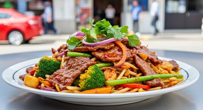 Close-up of Peruvian Chifa Stir Fry a Colorful Wok-Seared Dish from Fusion Gastronomy