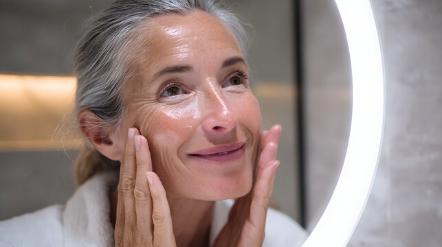 Self-care Radiance: A senior woman in her sanctuary, gently caressing her face with hands, radiating beauty and joy through the radiant glow of self-care.