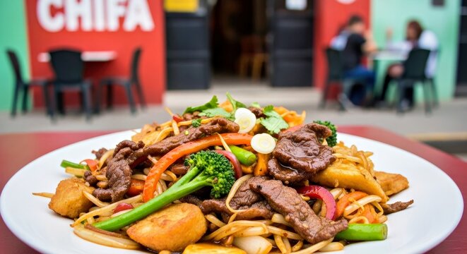 Vibrant Peruvian Chifa Stir Fry Wok-Seared Fusion Cuisine Capturing a Bustling Culinary Scene